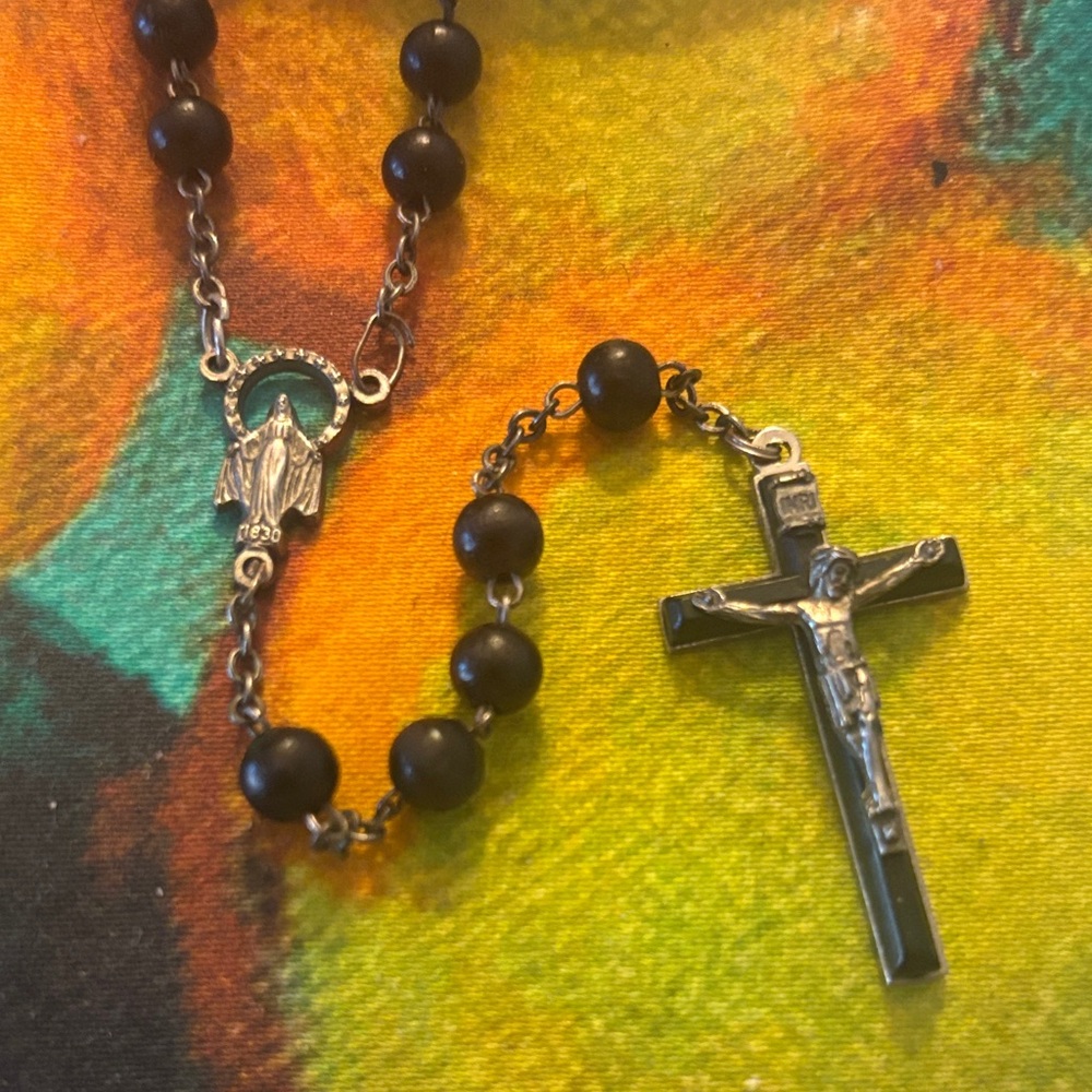 Vintage Dolce & Gabbana Jesus Rosary Black Silver Beaded Necklace Catholic Italy
